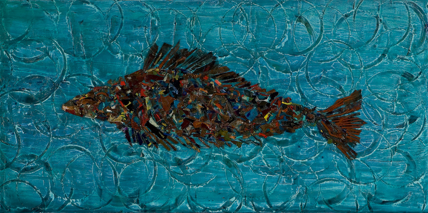 Dried acrylic paint mosaic arranged in a colorful large fish centered on turquoise field with random circle pattern evoking the waves