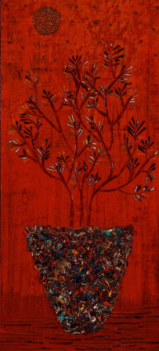 red background with multicolored flecks and scoring shows the tree of life with a moon and stars in background