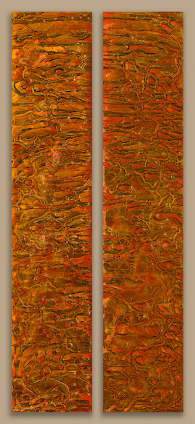 Diptych of textured waves of red and copper evoke fire within.