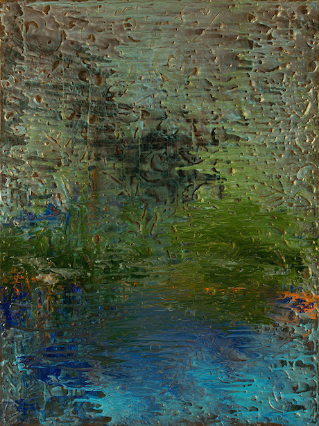 Painting over textured surface of trees, limbs and fossils with multiple colors of black, blue, copper and green with rough color changes evoking a forest lake with a view into the dense forest