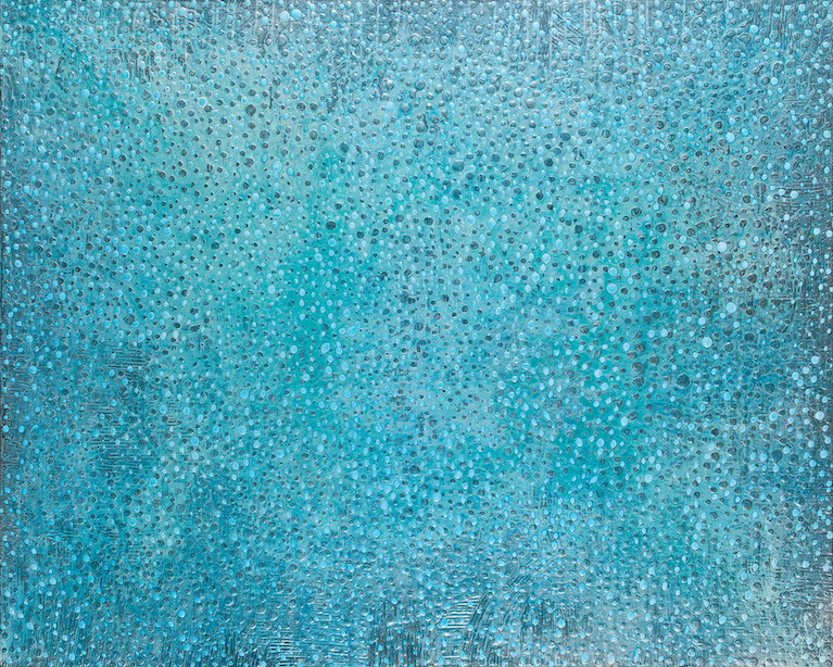 blue and turquoise background with small droplets of dark blue evoking water droplets on a flat surface