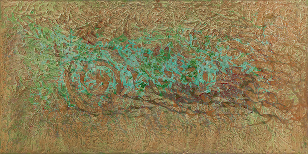 leaf, flower and spiral textures in a random pattern in sand of copper and gold.  Turquoise and green water pools in the patterns