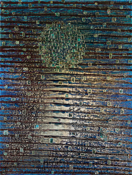 A deep blue/black background with horizontal scoring contains a one-third width turquoise circle pattern in top third of work suggests a moon and stars; lower two-thirds has multi-colored flecks suggesting moon light reflected on the water.  A small solitary sailboat appears in the foreground.