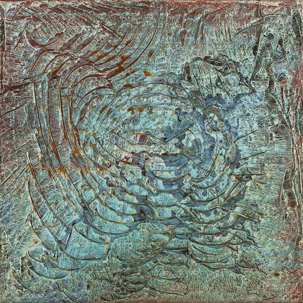 turquoise, mauve and copper concentric pattern around a central fish shape with radiant scoring, suggesting water or ripples around a fish fossil