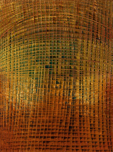 copper, gold and green background with thin, irregular scored horizontal and vertical lines that appear to bulge.