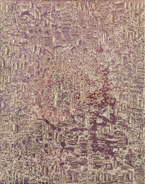 Random forms in modeling paste on canvas.  Mauve with pearl white layer over the top.