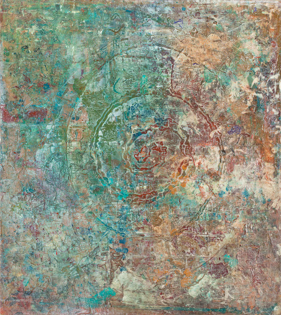 turquoise, mauve and copper concentric circular pattern with small horizontal and vertical scoring, flowing and dripping, suggesting sky and clouds 