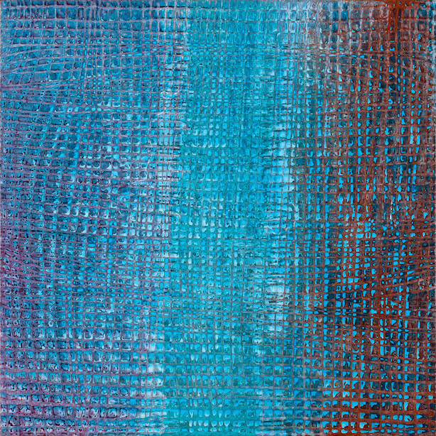 three roughly equal horizontal stripes of turquoise-mauve, turquoise-blue, and turquoise-red with horizontal and vertical scoring evoking the fabric of life that connects the earth and the sky.