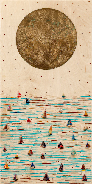 A taupe background contains a one-half width copper circle in top third of work centered with copper flecks in a random pattern suggests a moon and stars; lower half has multi-colored strips suggesting water and multi-colored shapes suggesting sailboats