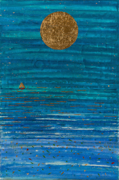 Turquoise and blue horizontal striations suggest sky and water; a one-third width gold circle in top third of work centered suggests a sun; at mid-height is a small sailboat with copper sails and red hull on the left of work, lower half has copper strips suggesting water and multi-colored flecks suggesting fish