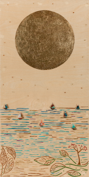 A taupe background contains a one-half width gold circle in top third of work centered with copper flecks in a random pattern suggests a moon and stars; lower half has multi-colored strips suggesting water and multi-colored shapes suggesting sailboats with a beach and leaves in the foreground