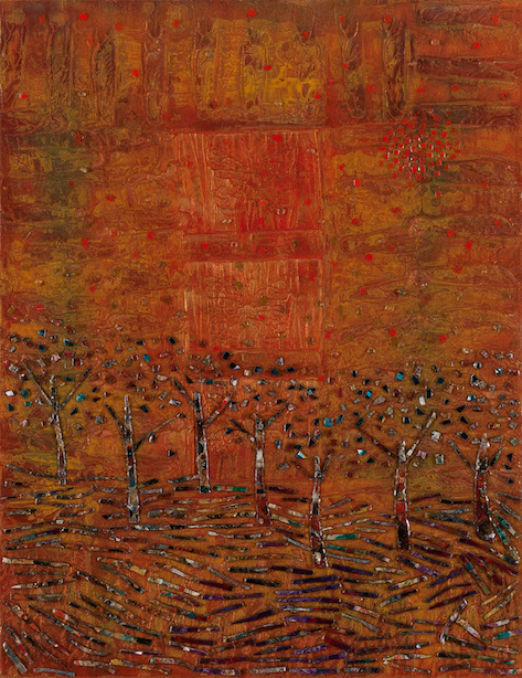 An orchard or forest set against a red sunset.  Trees are created with dried acrylic paint.  Large butterflies are above the trees.