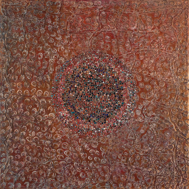 Red and gold background with small circles created with modeling paste surround an orb within a circle.  The orb and circle are mosaics made from small pieces of acrylic paint that built up on my painting table.  The material is cut into squares and the mosaic arranged on the surface of the canvas.