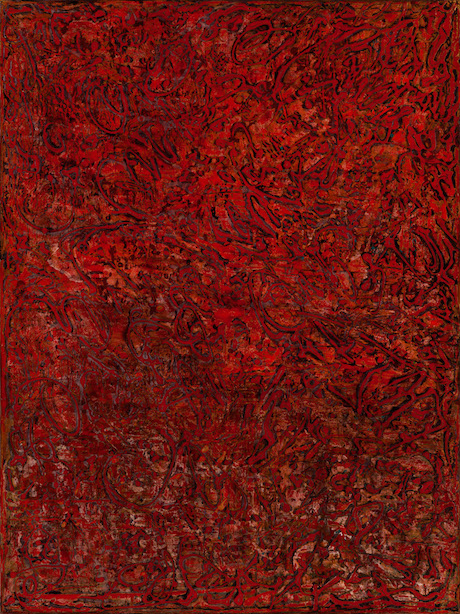 Highly textured modeling paste on canvas with shades of deep red evoking fire and passion.