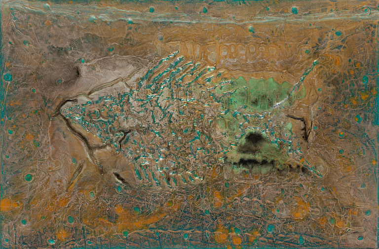 Large textured turquoise and green large fish fossil centered on copper-mauve background suggesting a fossilized fish in sand or rock