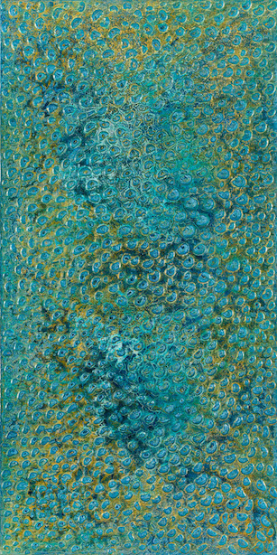 blue and turquoise background with small air bubbles created from modeling paste evoking water