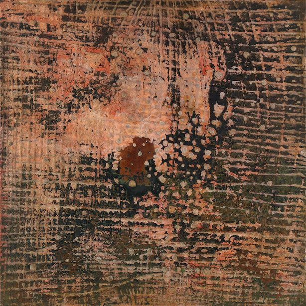 Copper and dark green background with black and olive overlay with thin, irregular scored horizontal and vertical lines revealing background colors as the fabric disintegrates in the center