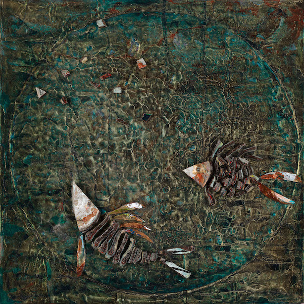 Two textured fish in large circle on textured background of black, green and turquoise. Fish are located on bottom half of work with a few small flecks suggesting food or something of interest to fish in upper half.  Fish are created with dried acrylic paint prepared for this purpose.