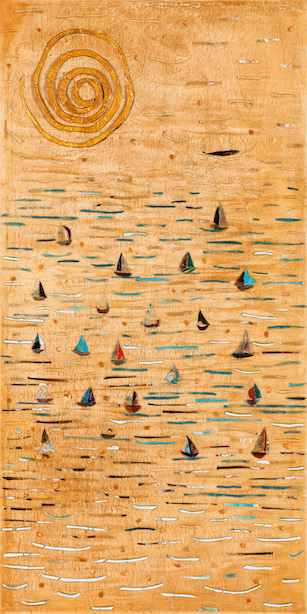 A taupe background contains a one-third width copper spiral in top third of work left with copper flecks in a random pattern suggests a sun and sunshine; lower two-thirds has multi-colored strips suggesting water and multi-colored shapes suggesting sailboats