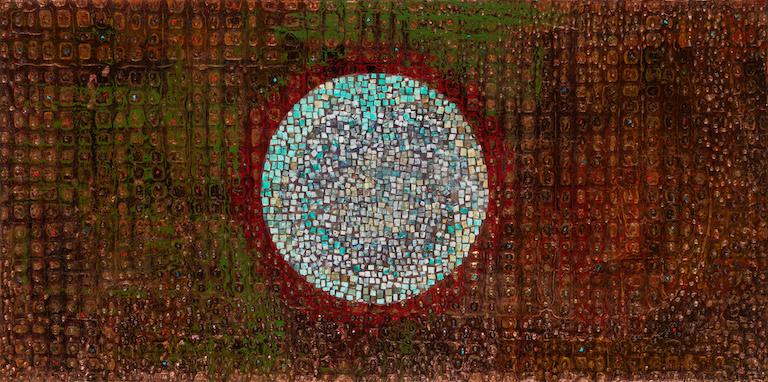 A mosaic of white and blue dried acrylic tiles applied to the canvas in the form of a sun surrounded by a red and brown background with more acrylic tiles.