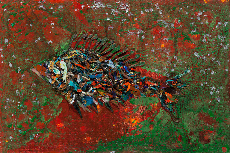 Textured large multi-colored fish centered on red and green background with white spots suggesting bubbles and movement of the water.  Fish created with pieces of dried acrylic paint prepared for this purpose.