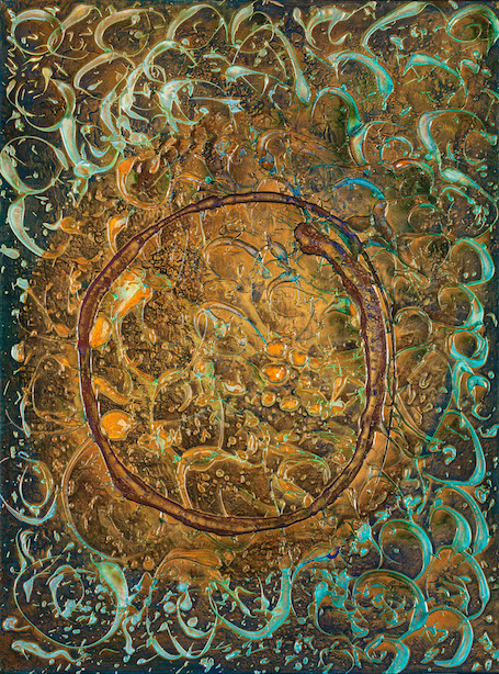 A gold hummingbird created with modeling paste and particles of metal is surrounded by a red circle.  Background of gold and turquoise swirls.