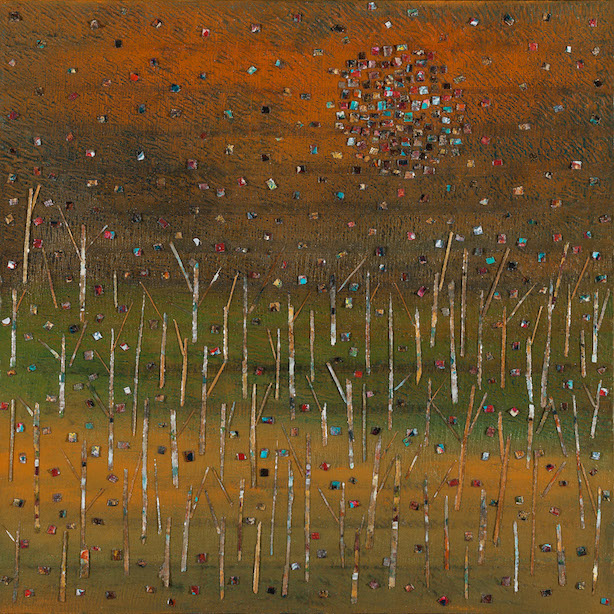 Fall forest with orb or moon in the sky in late afternoon.  Trees created with pieces of dried acrylic paint.