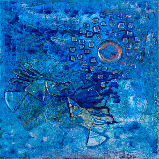 Two blocky textured fish in lower left-hand corner with circular texture and small squares suggesting sun or moon and stars on blue field suggesting seeing the moon through water