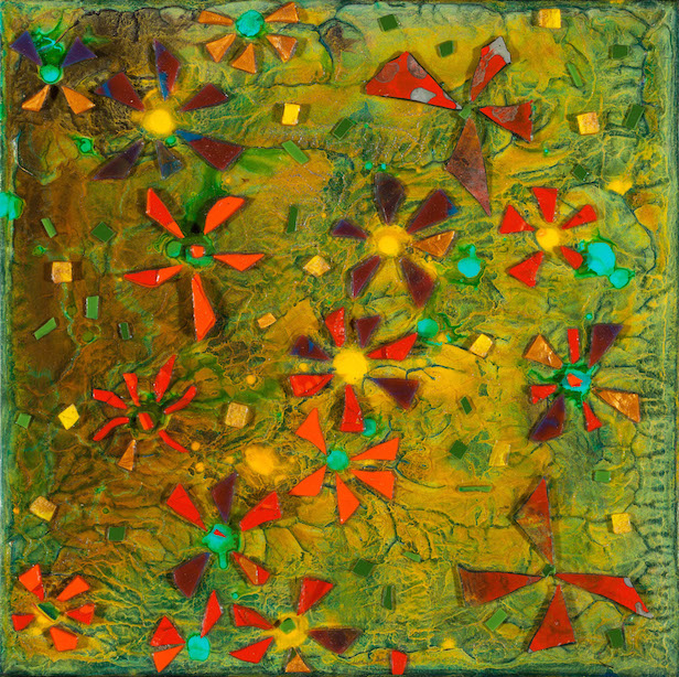 Red and yellow wild flowers set against a gold and green background.  The flowers are created with dried acrylic paint and the gold in the field is crated with gold metallic particles in the acrylic mediums.