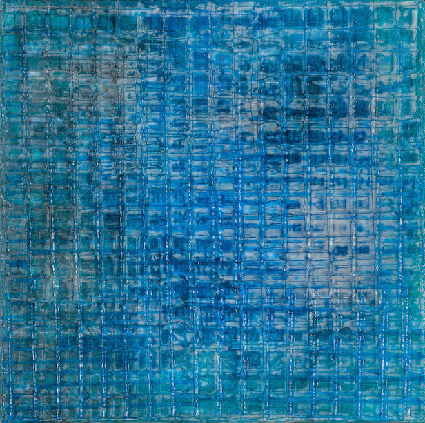 Blue and aqua textured medium grid pattern with hints of navy