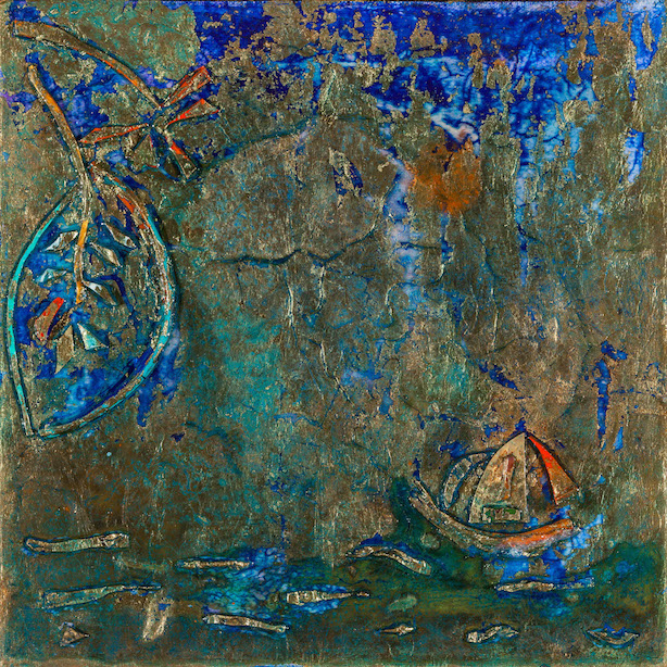 Green, Blue and turquoise background with textured marks suggest water and sky with a tree leaf in foreground, at lower right corner is a red sailboat