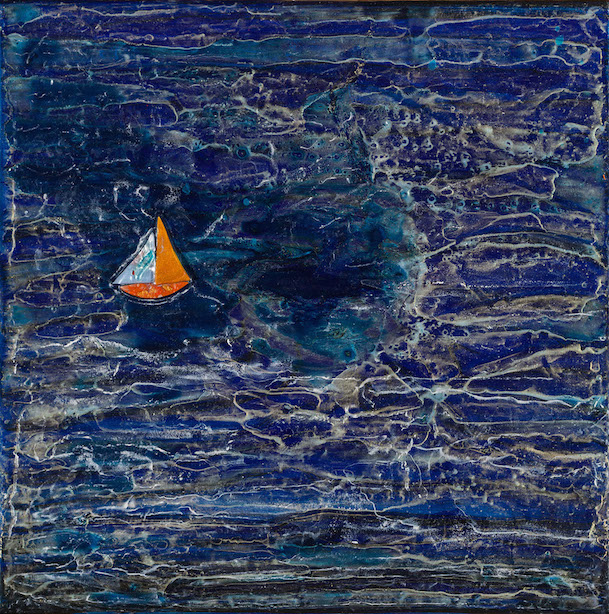 Navy background with white textured marks suggest water; at one-third width centered is an orange and light blue sailboat