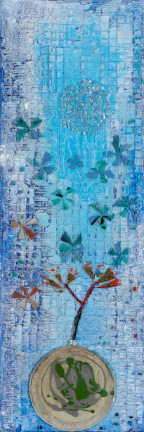 light blue and dark blue background with horizontal, vertical and other scoring and textures and pieces of dried acrylic in green, blue, and red, suggesting flowers in a vase or pot