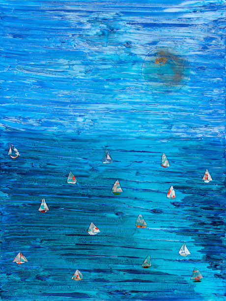 Turquoise and blue horizontal striations suggest sky and water; a circle in top third of work on right suggests a sun; in the lower half is a random pattern of small sailboats