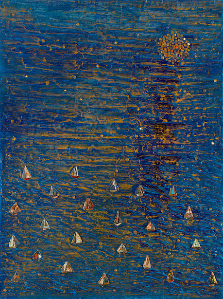 Gold and blue horizontal striations suggest sky and water; a circle in top third of work on right suggests a sun; in the lower half is a random pattern of small sailboats