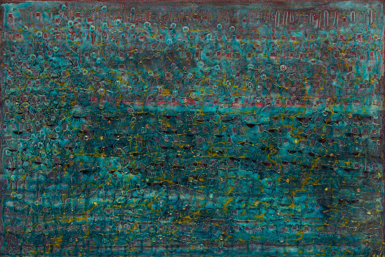 Turquoise, dark blue, and mauve field suggesting different depths of water with black shapes suggesting fish; work is highly textured with droplet patterns and loose grid