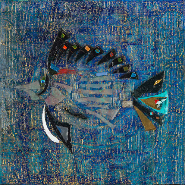 Colorful large fish centered on blue field with small textured gold grid and circle pattern.  Fish created with pieces of dried acrylic paint.