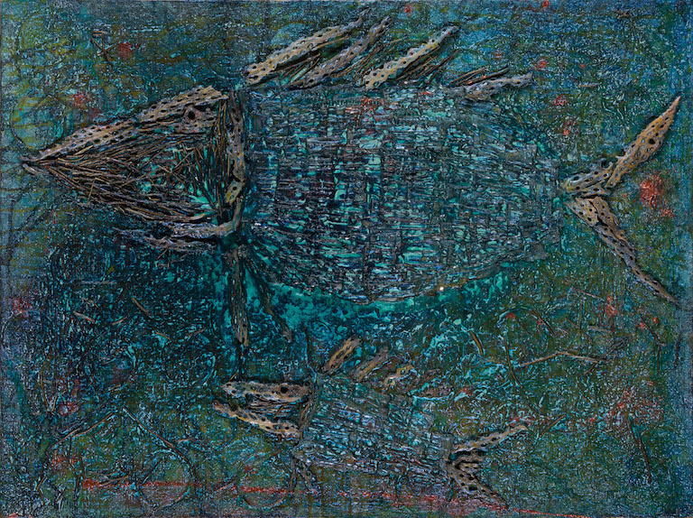 Textured large fish above a smaller fish on dark blue-turquoise background suggesting water, main textures created to suggest skeletal head, fins and tails created with dried cactus skeleton from Arizona.