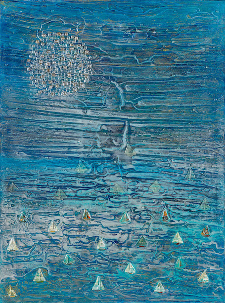 A deep blue/black background contains a one-third width multi-colored concentric circle pattern in top third of work slightly left of center with multi-colored flecks in a regular random pattern suggests a sun and sunshine; lower two-thirds has multi-colored flecks suggesting water and a fleet of sailboats racing in lower quarter.