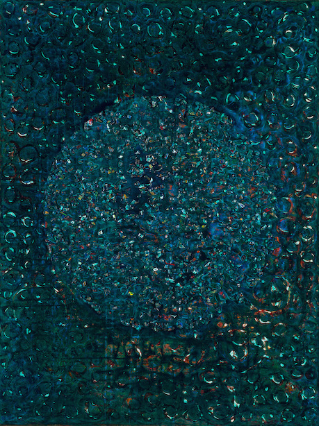 particles of dried acrylic paint and stainless steal applied on a textured background that forms the stars of a universe.