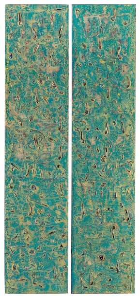 A highly textured canvas with spots of white and black appear to sit in a pool of turquoise water.  An installation of two canvases hanging side by side.