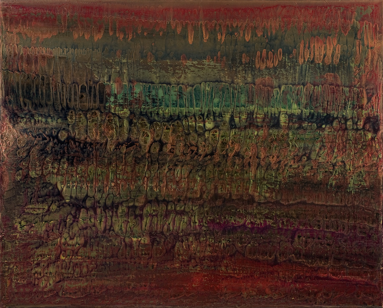 horizontal layers of color reveal each other in a dripping pattern; from top to bottom colors are red, peach, turquoise-green, green, brown mauve, red; horizontal center has a scored textured pattern suggesting fish