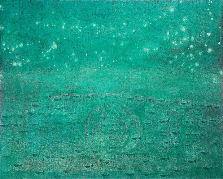 Turquoise field suggesting water with ripple texture on lower half over shapes suggesting fish; upper half has white drops suggesting sunlight or stars