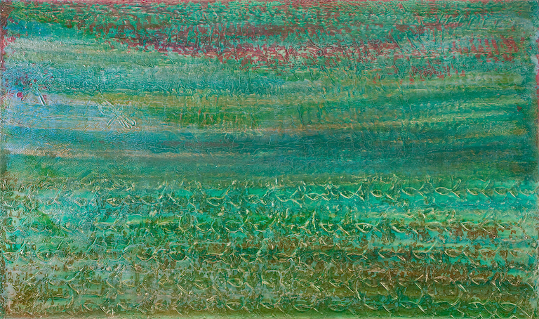 Green, blue and turquoise horizontal striations with copper on lower third and pink on upper third suggests sand, water and sky over textured shapes of fish and dragonflies