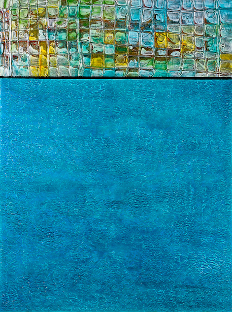 diptych.  textured blue field on lower 3/4 with patterns of fish, upper 1/4 is irregular grid of blue, green, turquoise, orange and mauve, suggesting tiles.