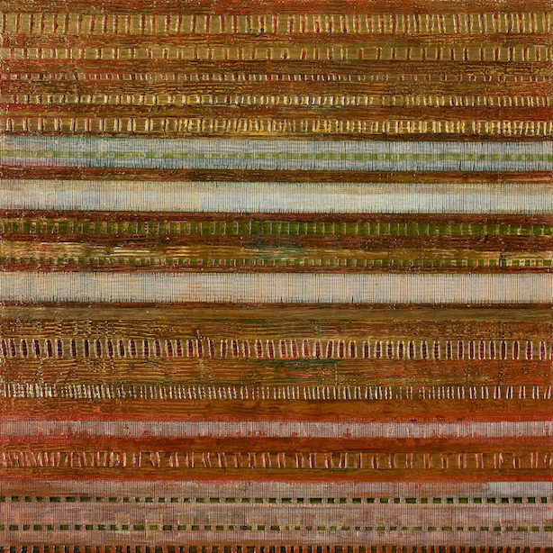 patterned and textured horizontal stripes of copper, green, blue and red suggests fields in the countryside.