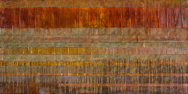 patterned and textured horizontal stripes of copper, green, blue and red suggests ribbons of fields and earth