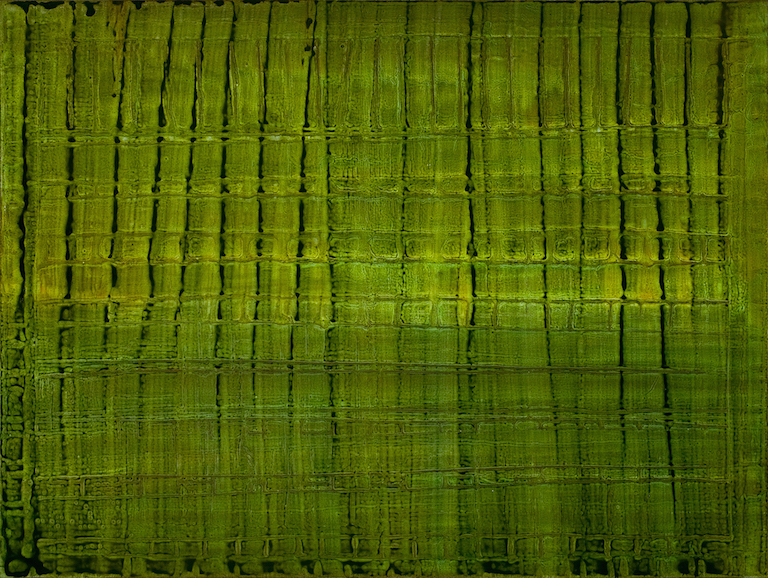 Light green and dark green textured grid pattern evoking the veins in a leaf viewed up close.