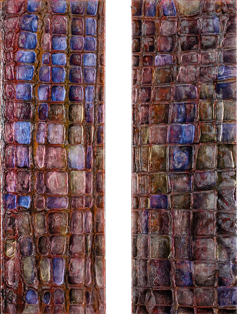 Diptych of Irregular grid of blue, mauve, and copper, suggesting tiles divided in center with canvases side by side