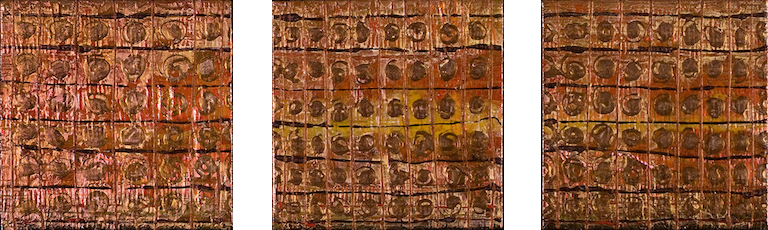 Triptych hangs horizontally, side by side.  The three canvases contain patterned grids over textured spirals of copper with hints of gold and mauve